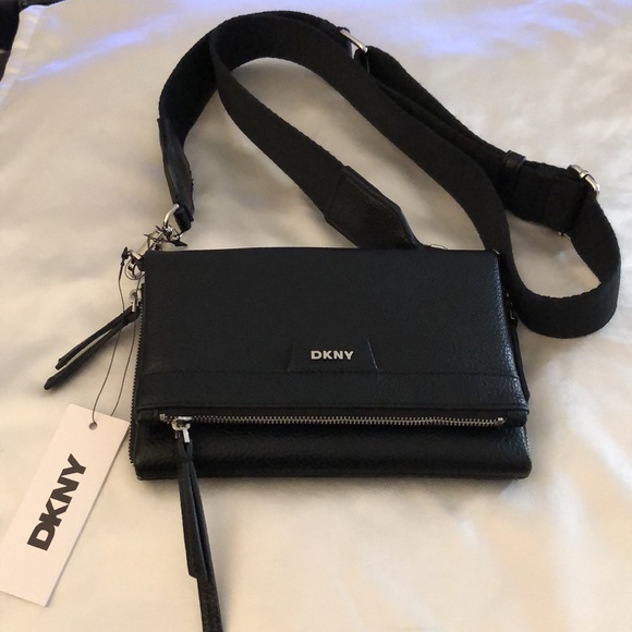 DKNY Nyra Black Pebbled Faux Leather Trifold Crossbody OS NWT - Picture 3 of 16